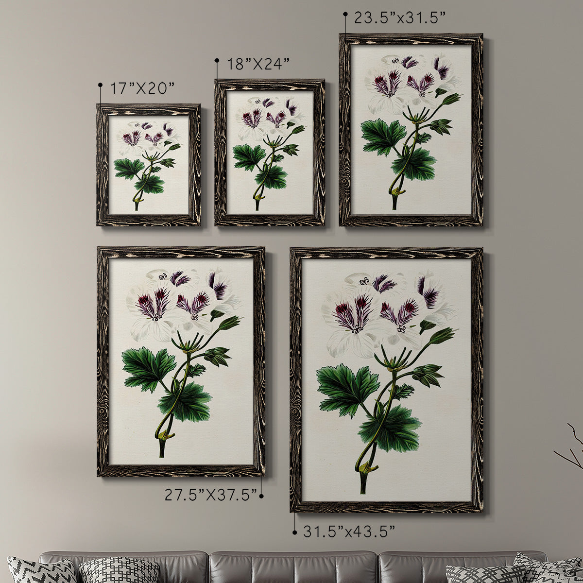 Size comparison chart for a set of two black barnwood framed canvas prints.