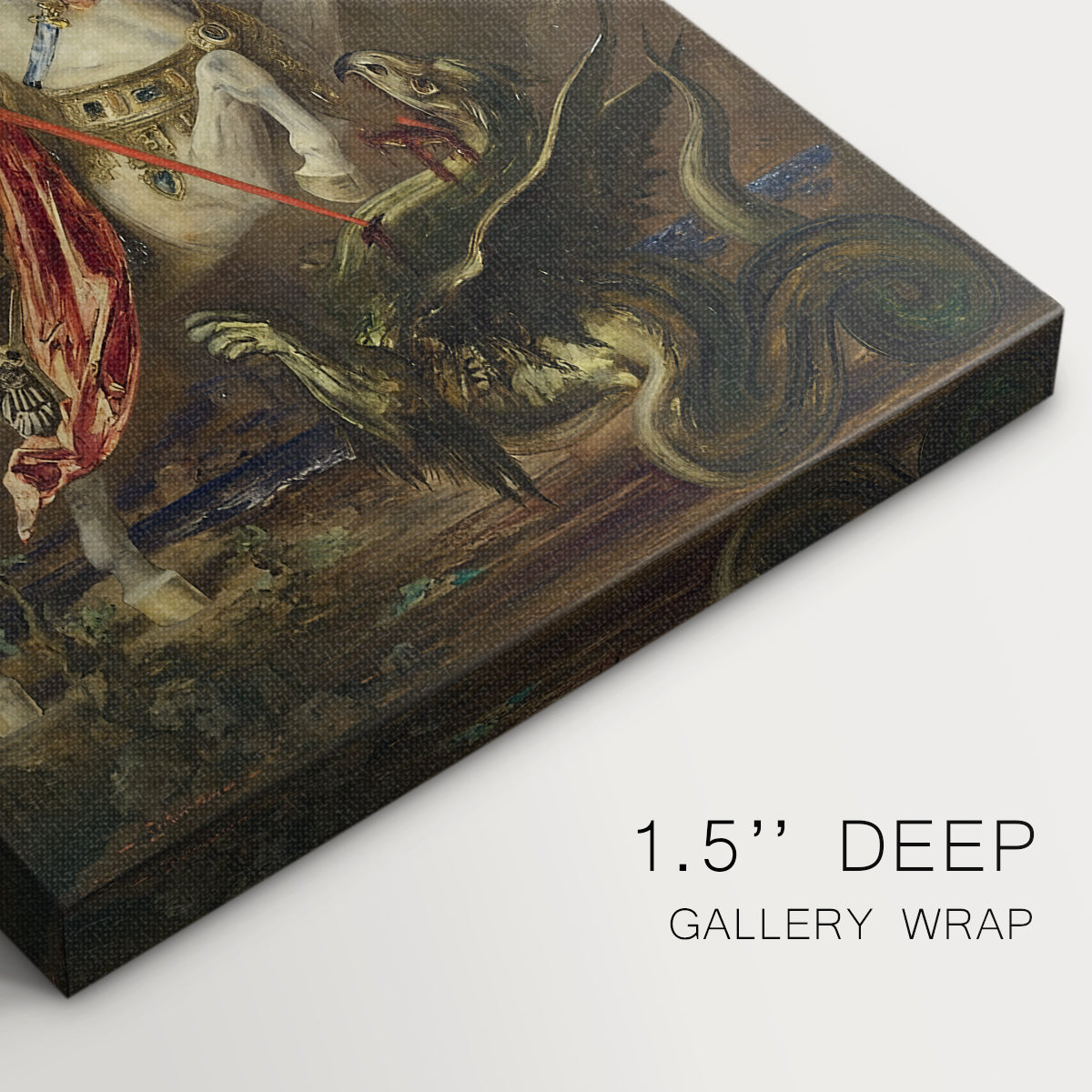 Close-up of a gallery-wrapped canvas corner showing a dramatic image with layered detail and contrast, highlighting texture and print detail.