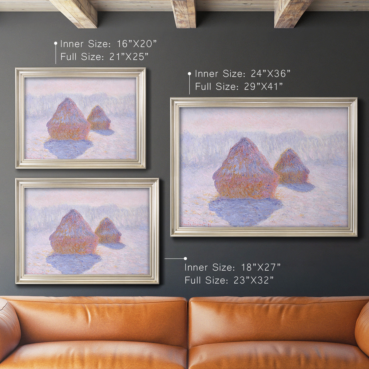Impressionist winter haystack scene with sunlight by Claude Monet in an ornate champagne frame shown in multiple size options.
