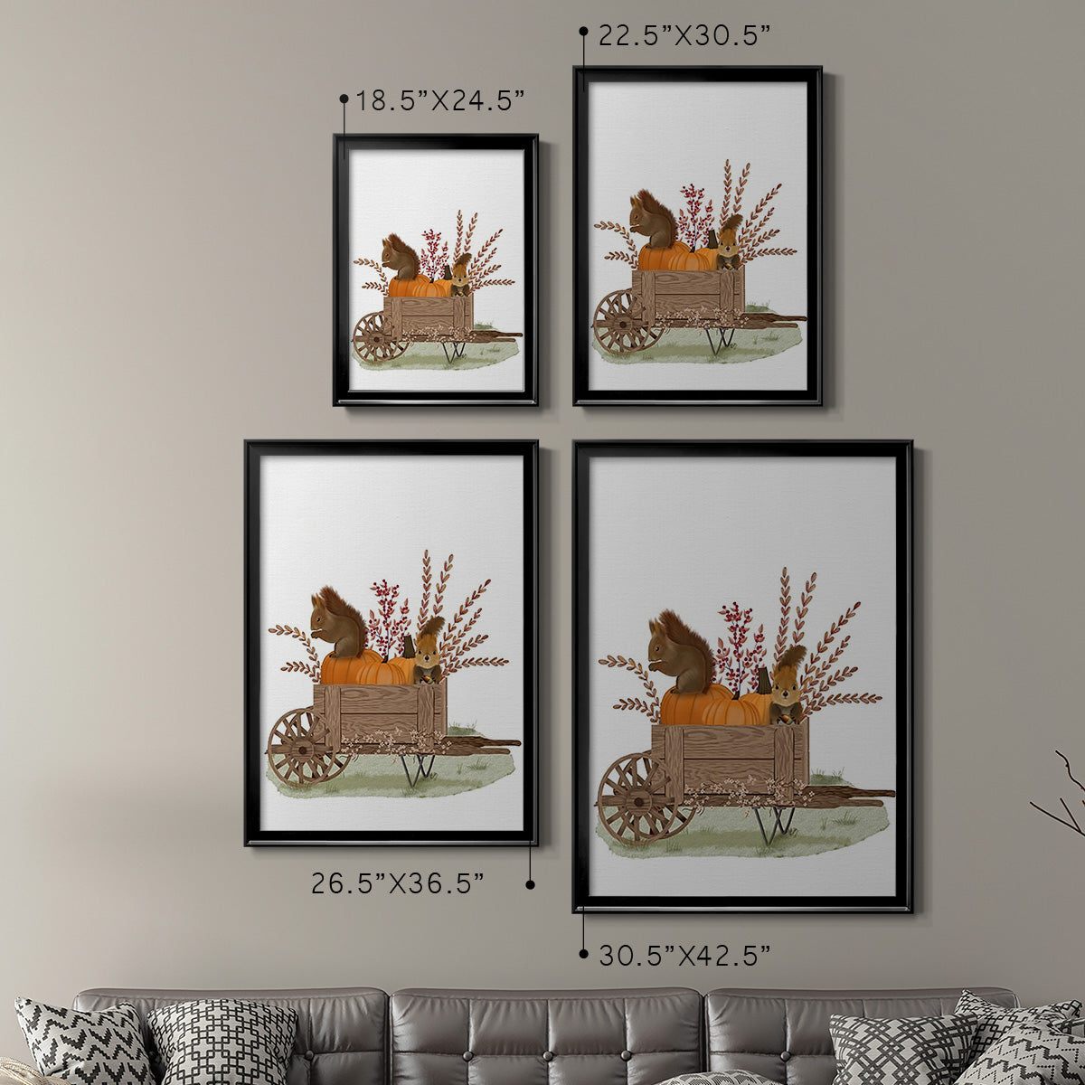 Squirrels In Pumpkin Wheelbarrow - Modern Framed Canvas Print