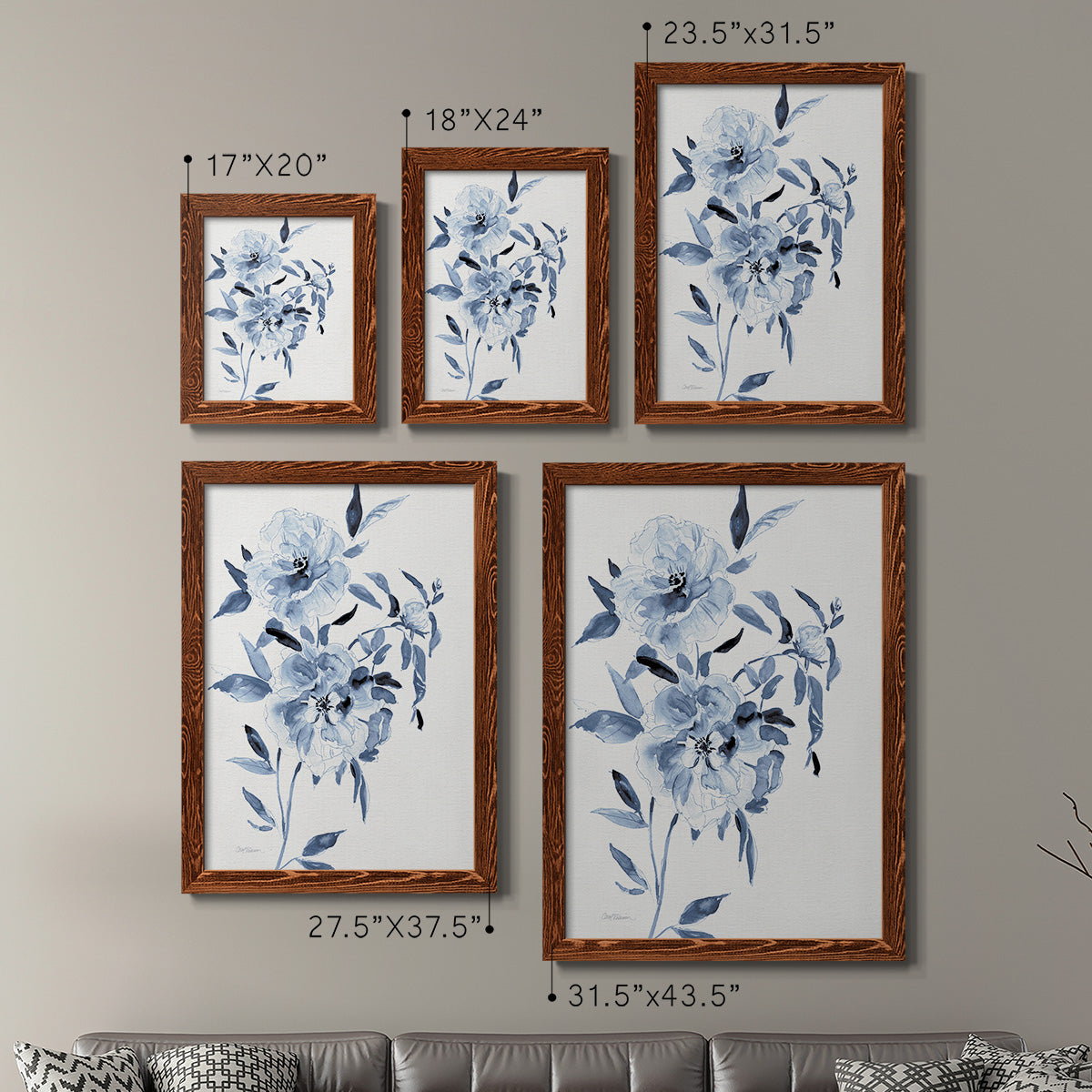 Size comparison chart for a set of two maple barnwood framed canvas prints.