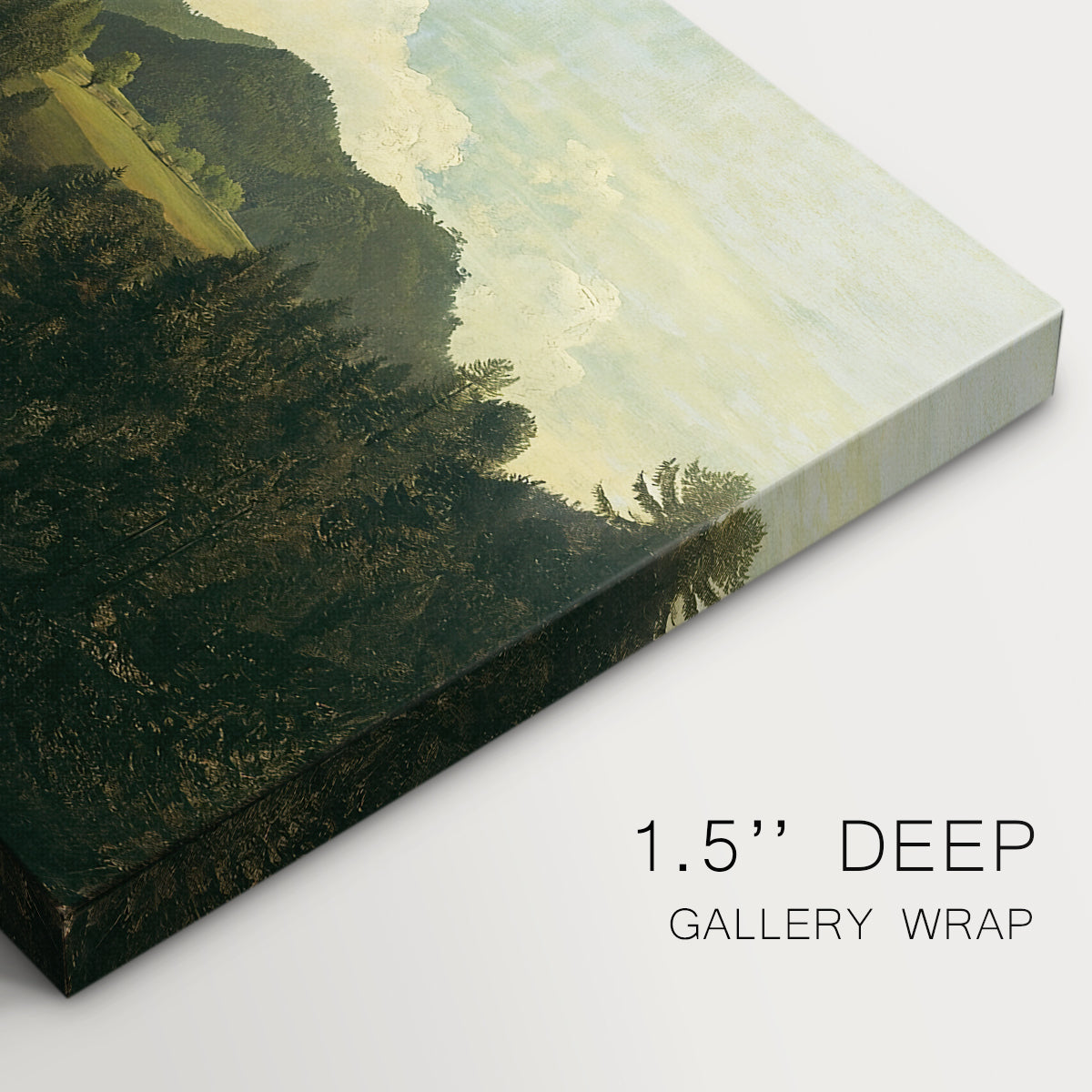 Canvas art print of a rolling countryside with trees and distant hills, highlighting texture and gallery-wrapped edges
