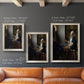 Quiet interior genre scene of a woman with scales by Johannes Vermeer in an ornate champagne frame shown in multiple vertical size options.