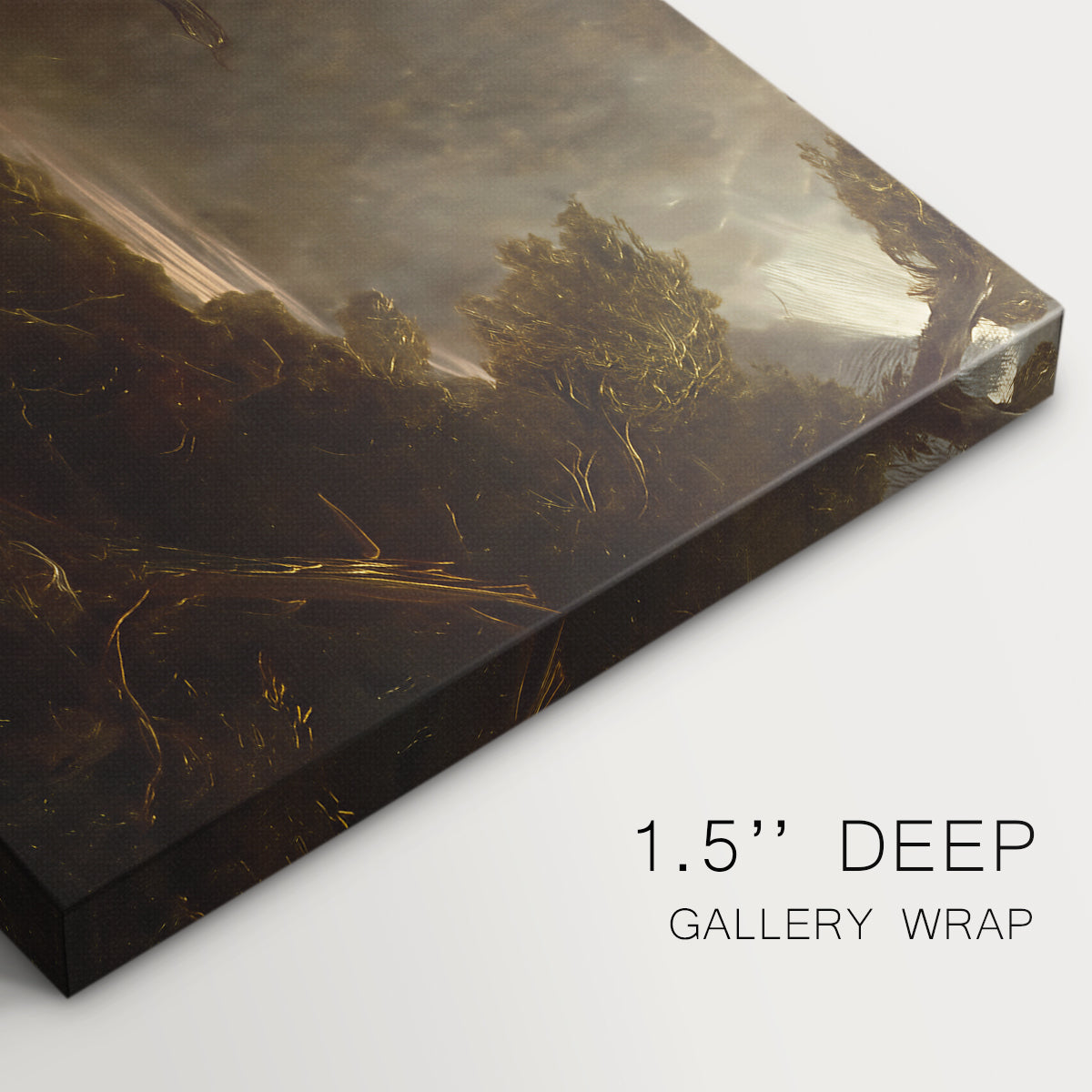 Canvas art print of a swirling tornado cutting through forest landscape with dark storm clouds, highlighting texture and gallery-wrapped edges