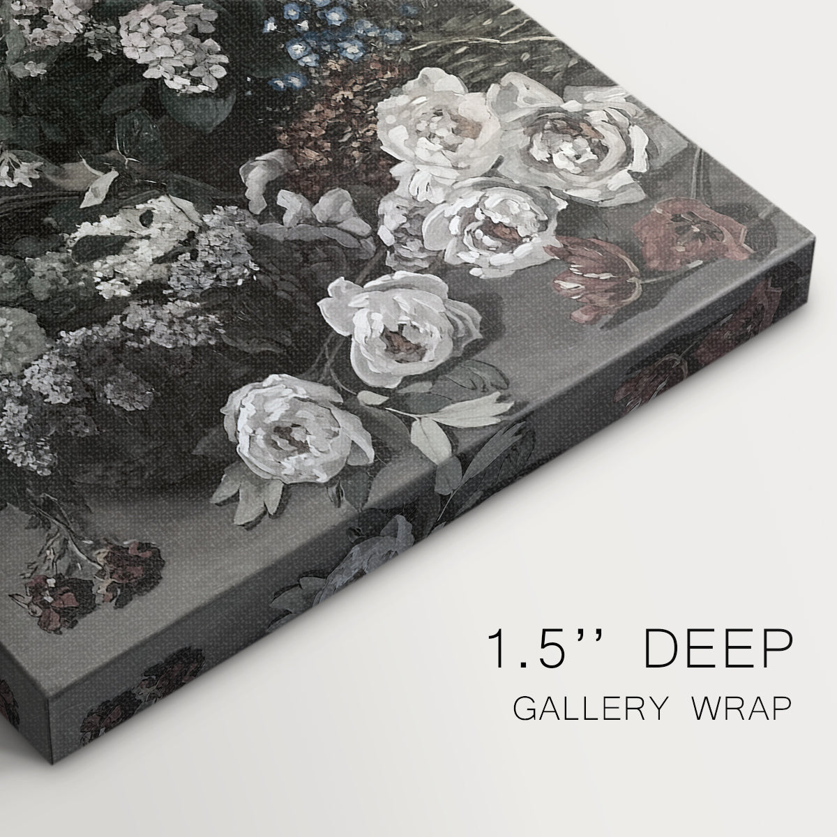 Close-up of a gallery-wrapped canvas corner showing a light-filled floral scene with subtle detail, highlighting texture and print detail.