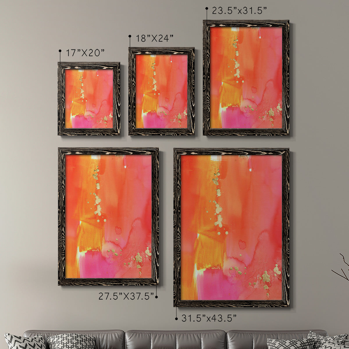 Size comparison chart for a set of two black barnwood framed canvas prints.