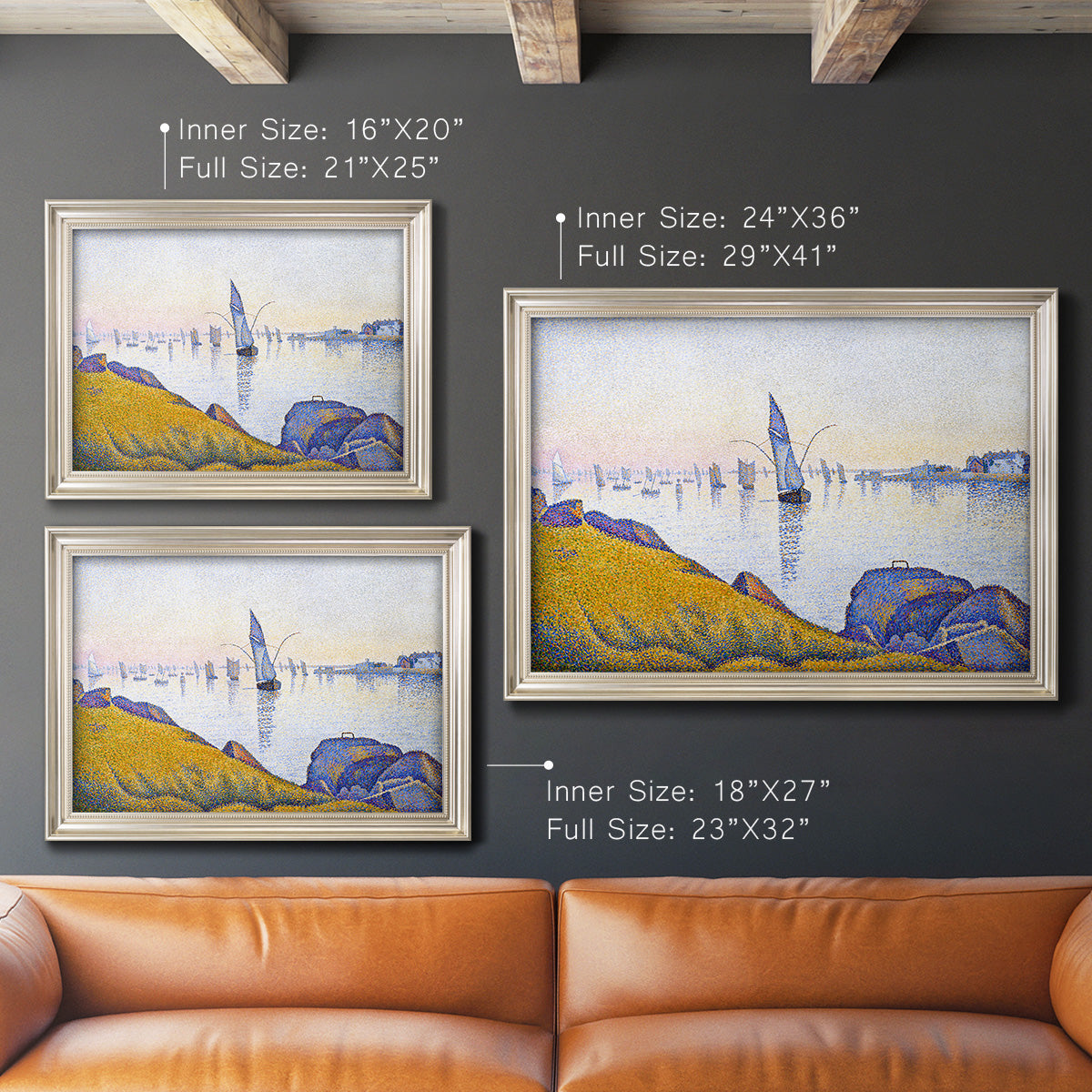 Impressionist coastal harbor at dusk by Paul Signac in an ornate champagne frame shown in multiple size options.