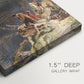 Close-up of a gallery-wrapped canvas corner showing a rustic scene with movement and layered terrain, highlighting texture and print detail.