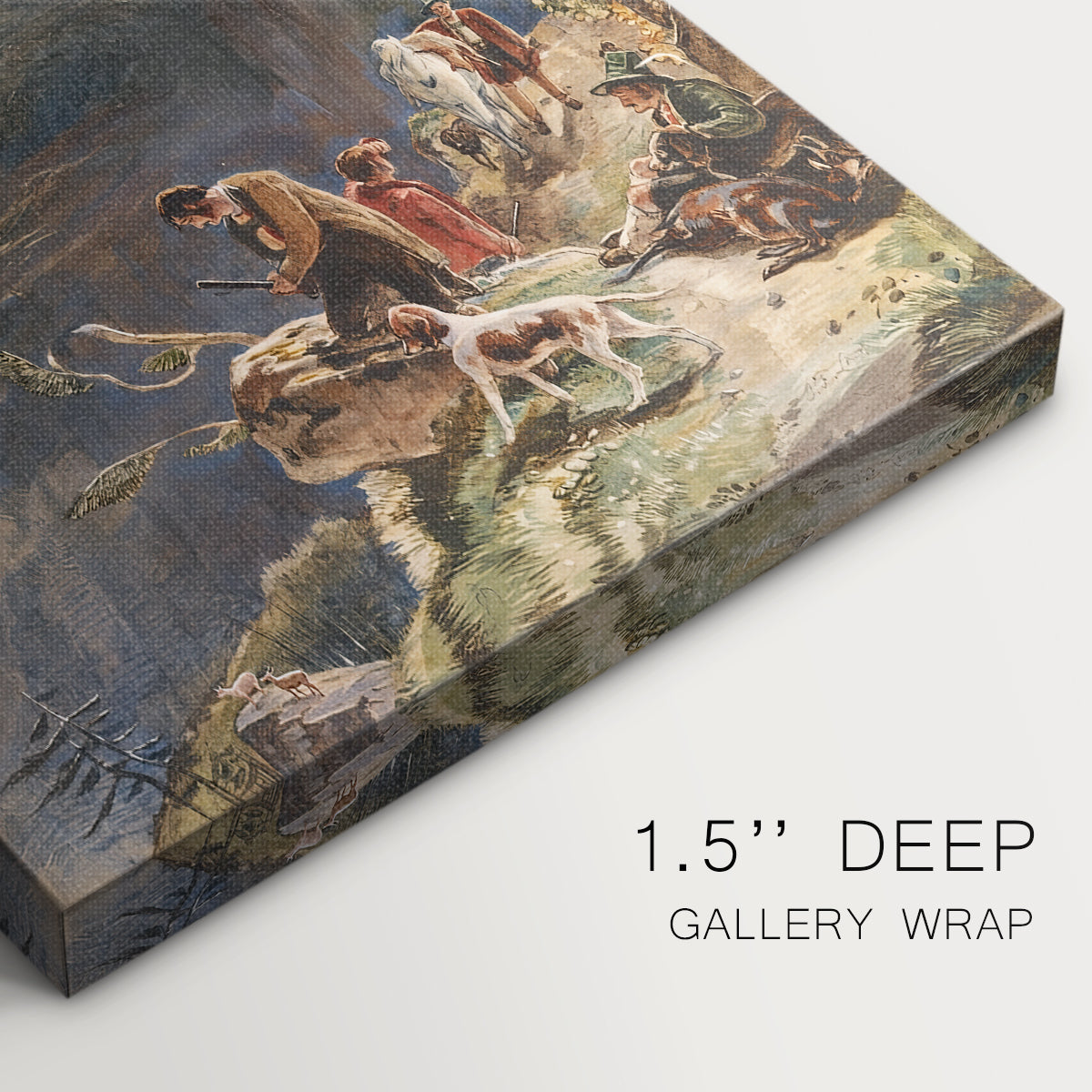 Close-up of a gallery-wrapped canvas corner showing a rustic scene with movement and layered terrain, highlighting texture and print detail.