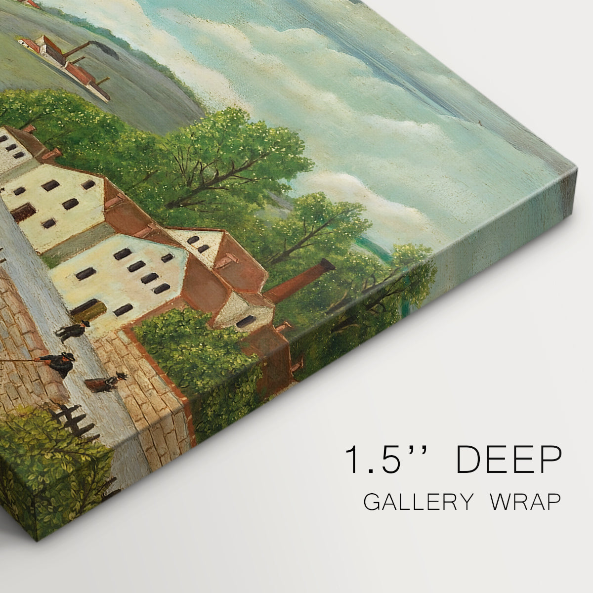 Canvas art print of a rural landscape with stream, walking figures, and fisherman near water, highlighting texture and gallery-wrapped edges