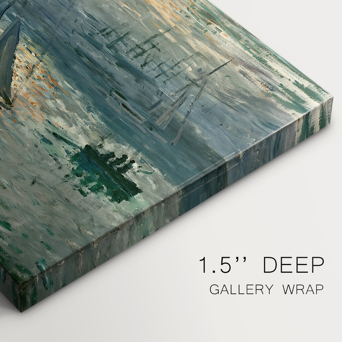 Canvas art print of a hazy sunrise over harbor with boats silhouetted in soft morning light, highlighting texture and gallery-wrapped edges