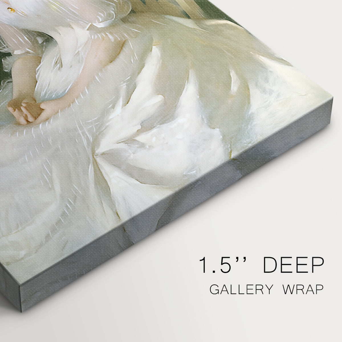 Close-up of a gallery-wrapped canvas corner showing a calm portrait with balanced light, highlighting texture and print detail.