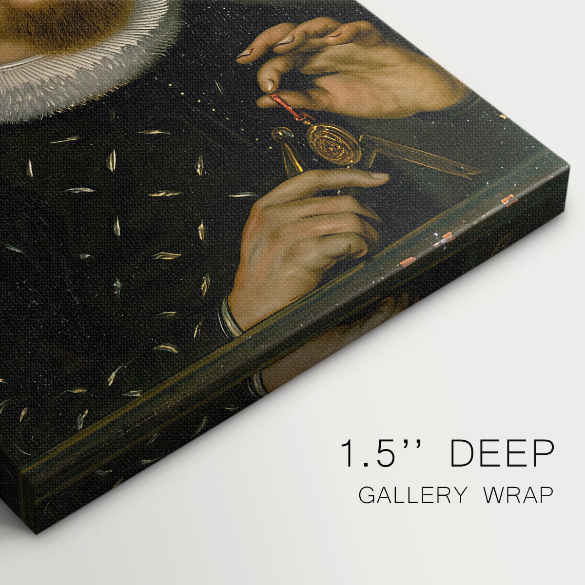 Close-up of a gallery-wrapped canvas corner showing a dignified figure with balanced contrast, highlighting texture and print detail.