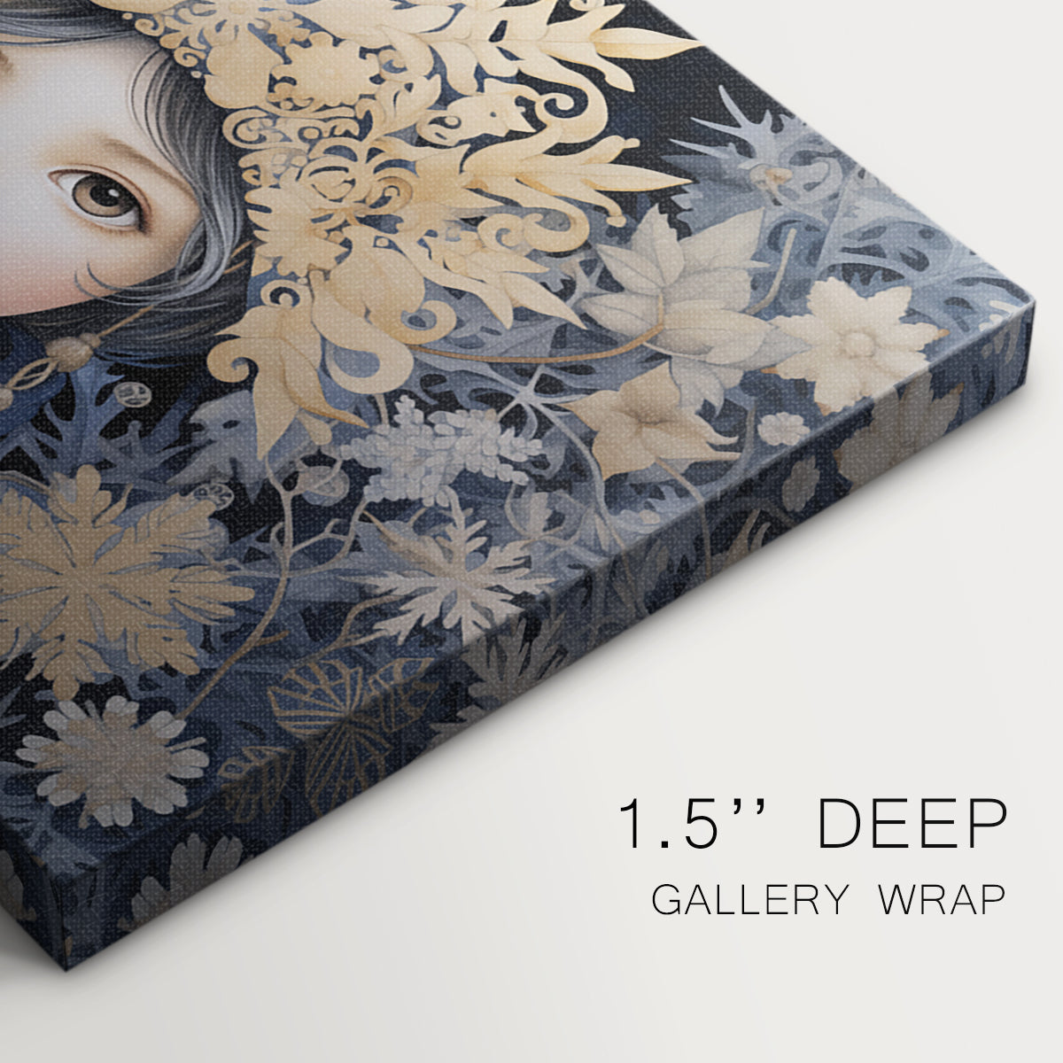 winter,portrait,girl,snowflakes,floral,crown,golden leaves,delicate features,dark coat,whimsical,nature,cold,intricate,beauty,frost,magic,fantasy,serene,enchanting,pale skin,blue tones,symmetrical,face,soft colors,elegance,winter wonderland,ethereal,fairy tale,creativity,visual art,delicate nature,imaginative,unique design,handcrafted,captivating,seasonal,unique,charming