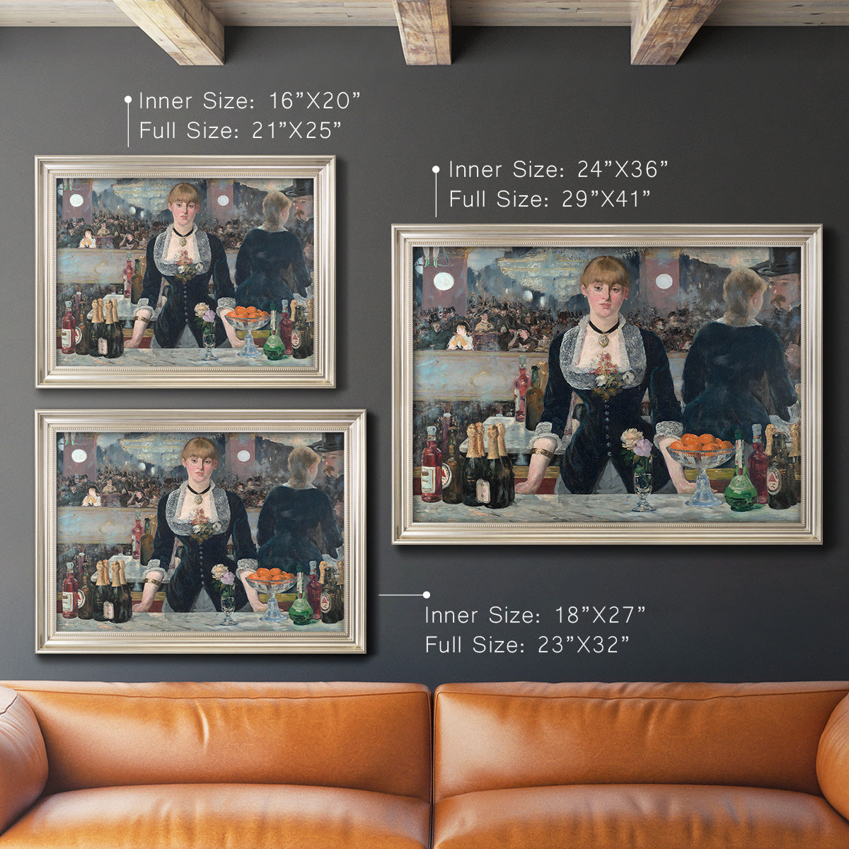 Iconic impressionist café bar scene by Édouard Manet in an ornate champagne frame shown in multiple size options.