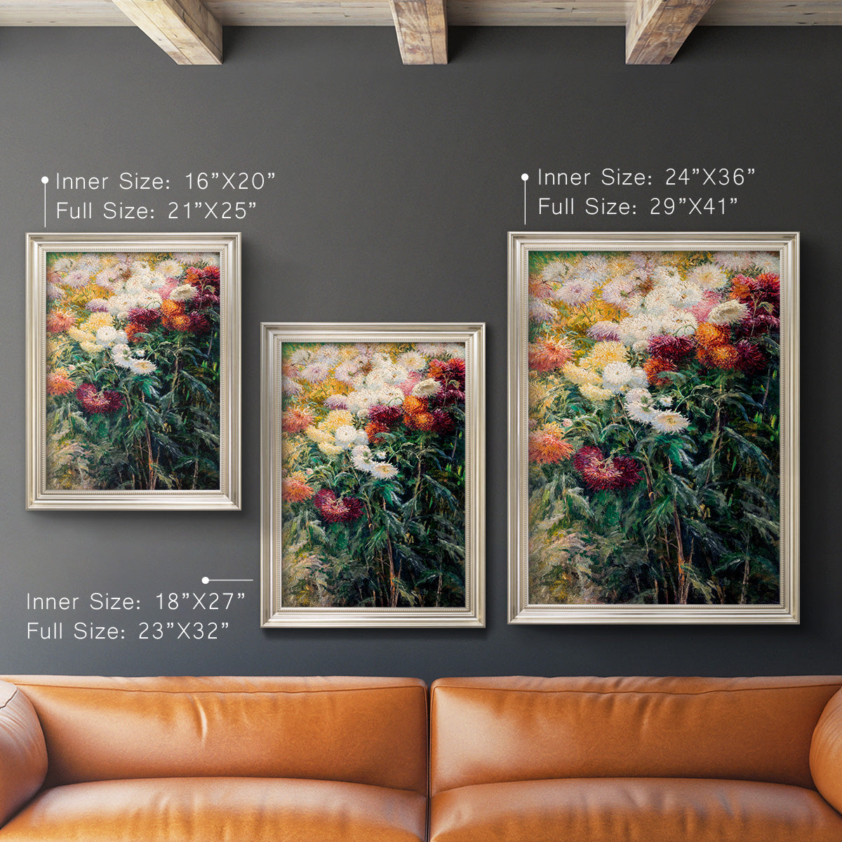 Impressionist garden floral painting by Gustave Caillebotte in an ornate champagne frame shown in multiple vertical size options.