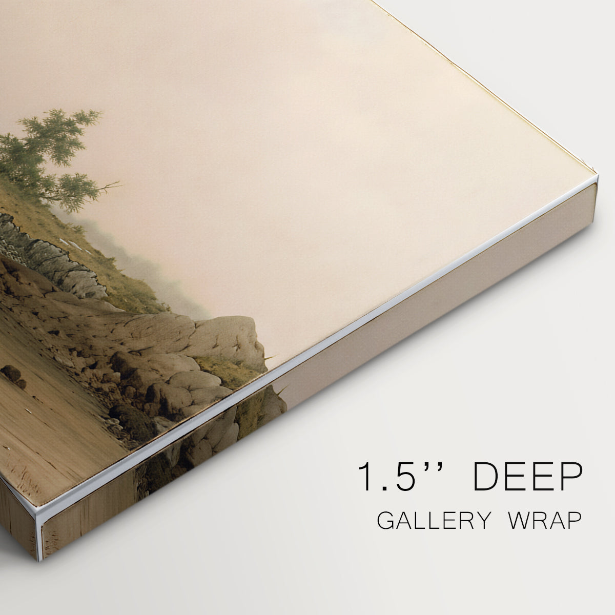 Canvas art print of a small boat resting on shoreline beside calm water and open sky, highlighting texture and gallery-wrapped edges