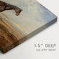Canvas art print of a racehorse standing near coastal landscape with distant water, highlighting texture and gallery-wrapped edges