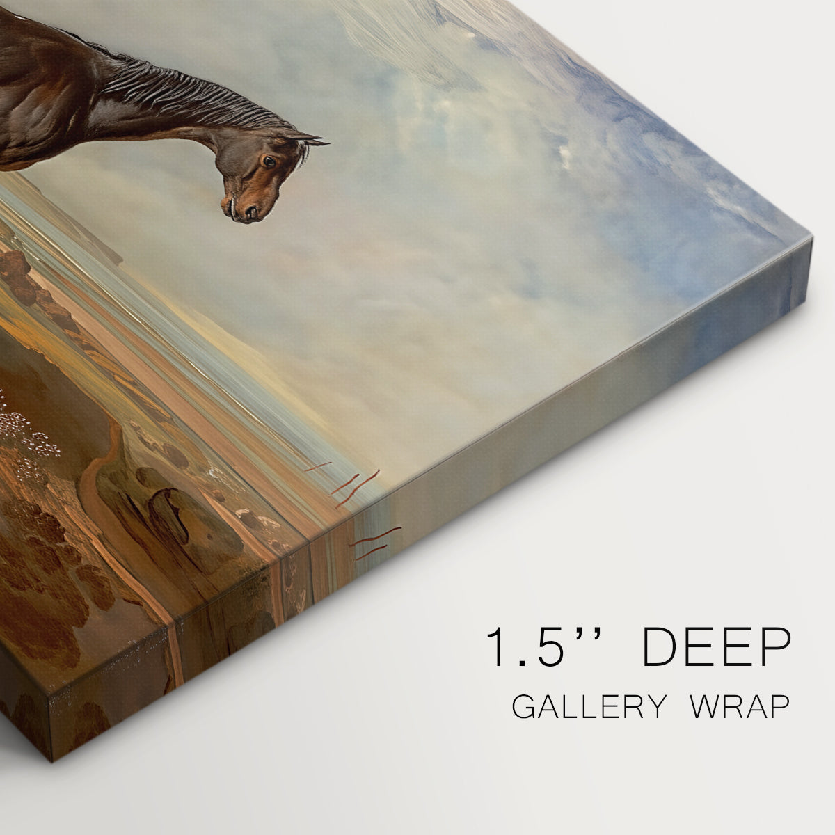 Canvas art print of a racehorse standing near coastal landscape with distant water, highlighting texture and gallery-wrapped edges