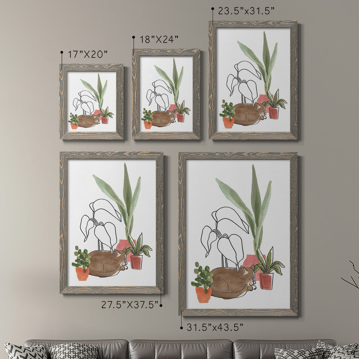Size comparison chart for a set of two gray barnwood framed canvas prints.