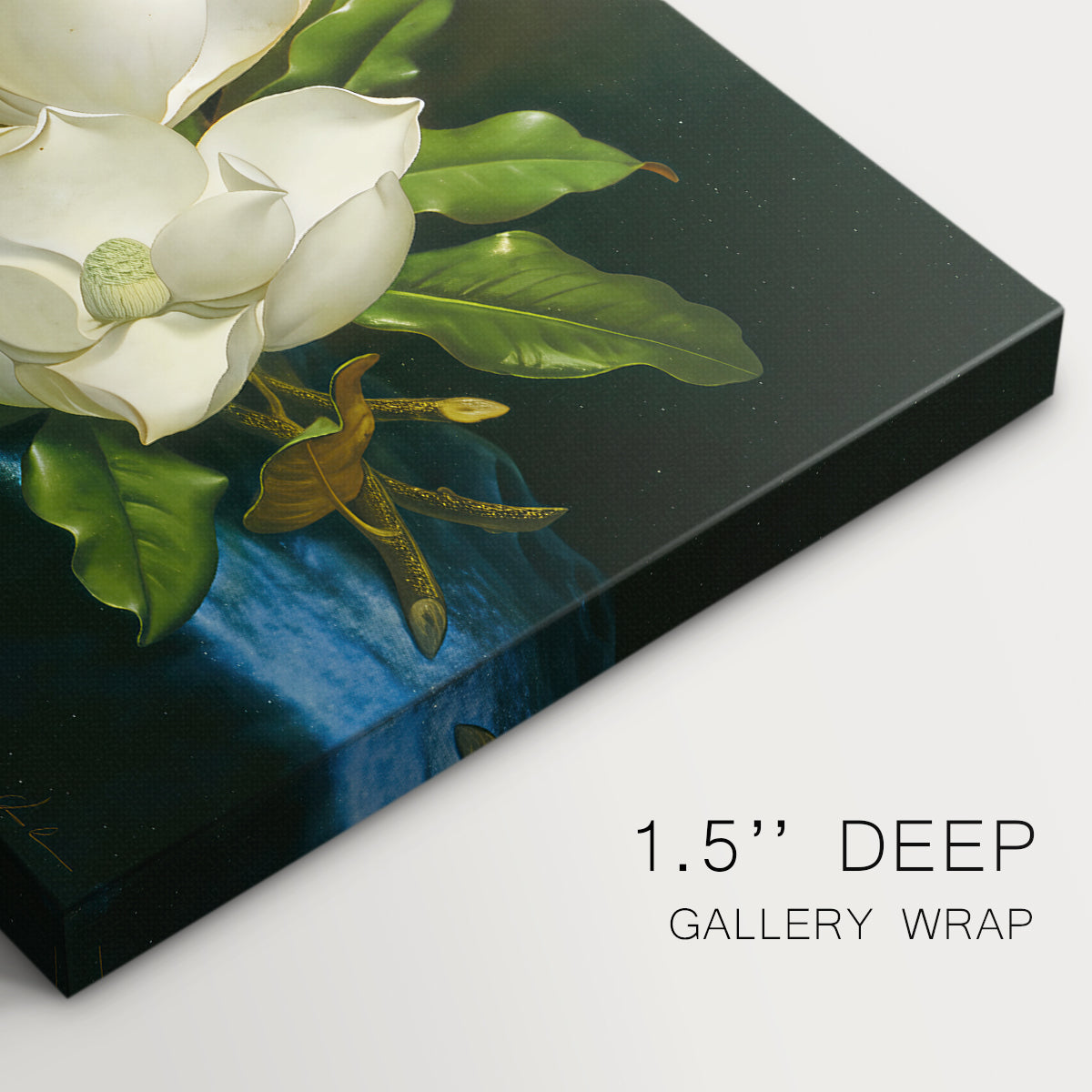 Canvas art print of a large magnolia flowers arranged on blue velvet, highlighting texture and gallery-wrapped edges
