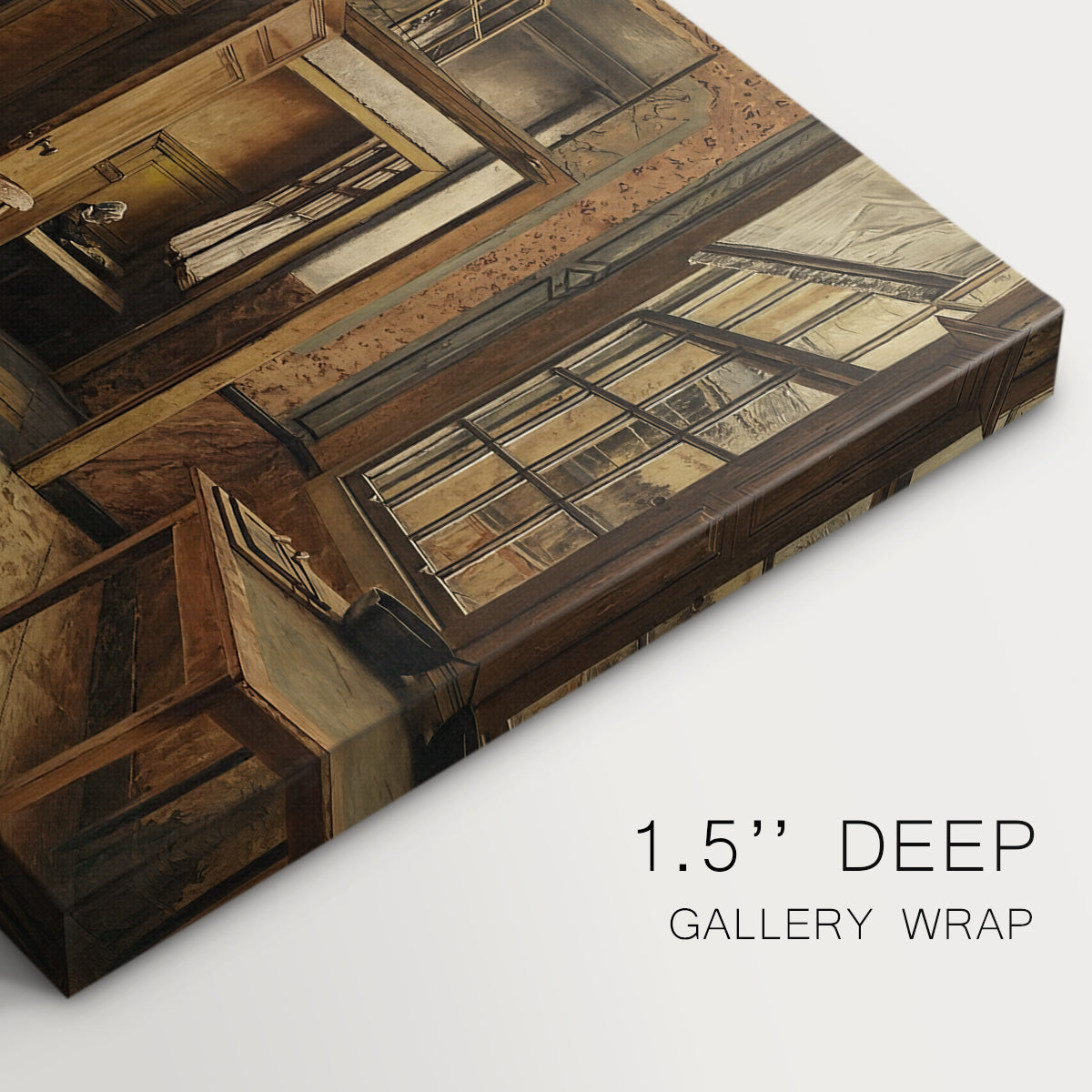 Canvas art print of a figure standing inside rustic inn interior with wooden furnishings and doorway, highlighting texture and gallery-wrapped edges