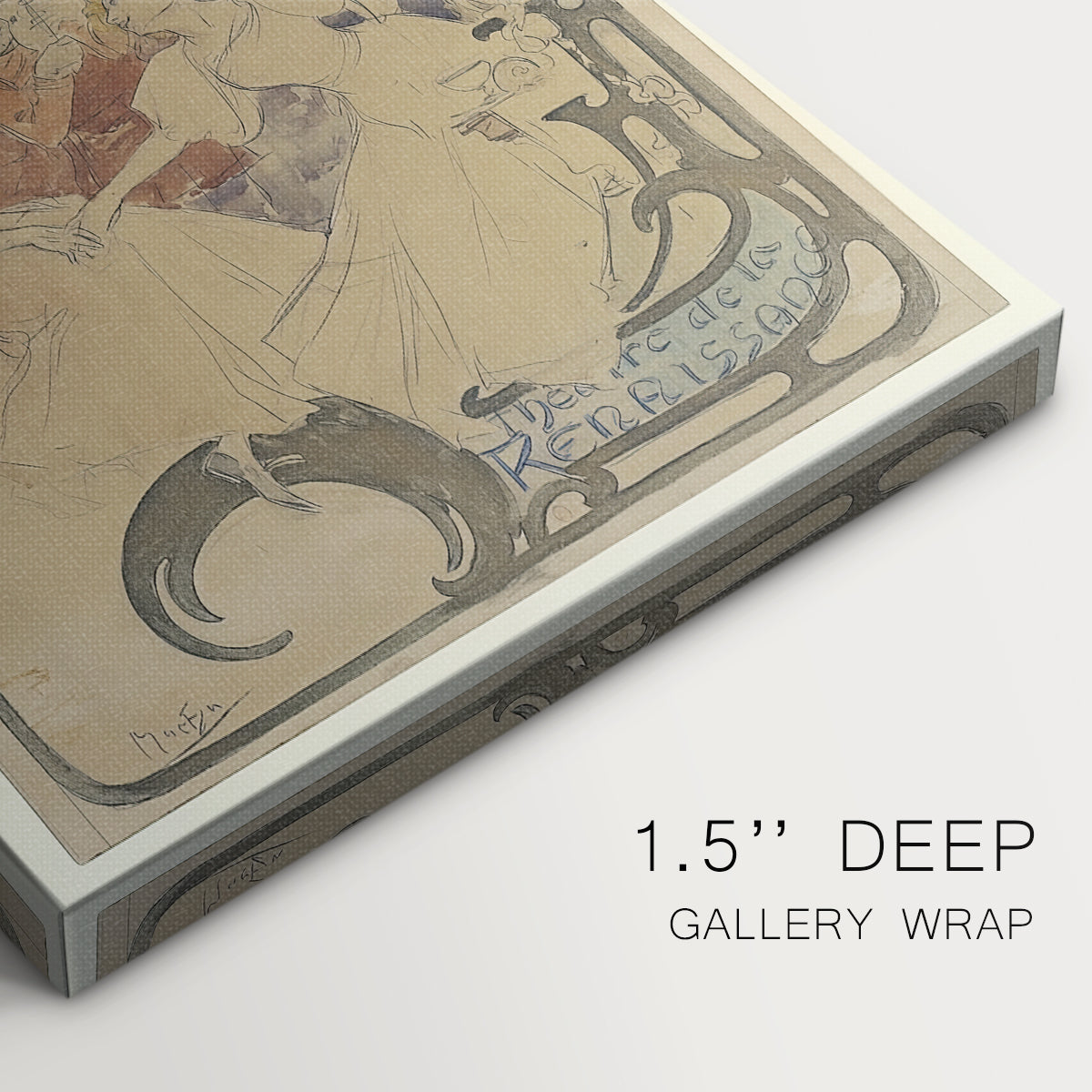 Close-up of a gallery-wrapped canvas corner showing a vintage illustration of an embracing couple with gentle tones, highlighting texture and print detail.