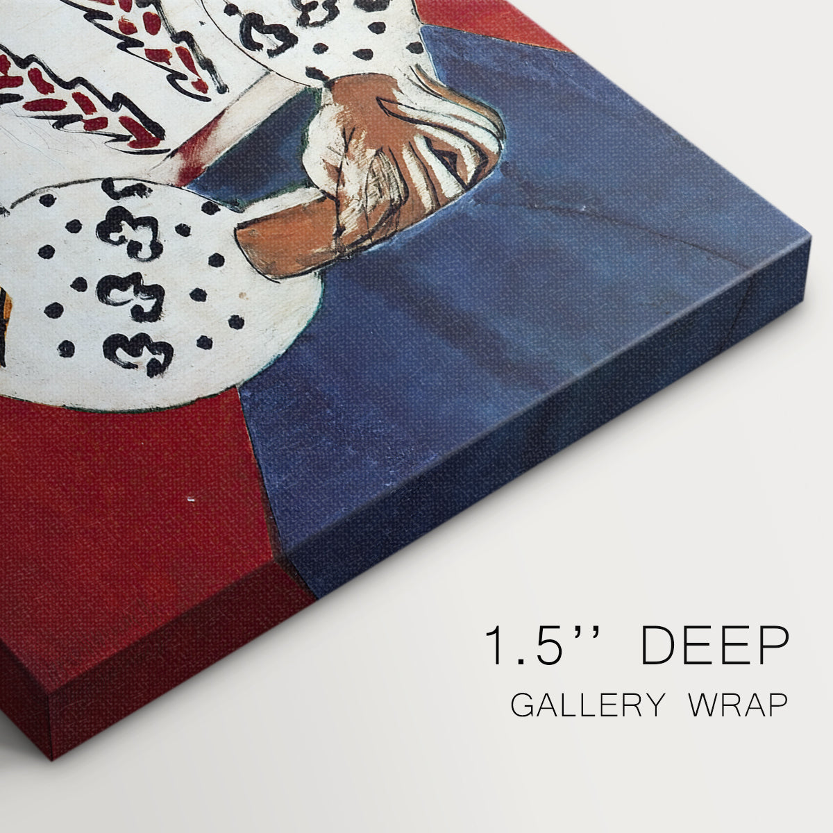 Close-up of a gallery-wrapped canvas corner showing a modern composition with strong pattern emphasis, highlighting texture and print detail.