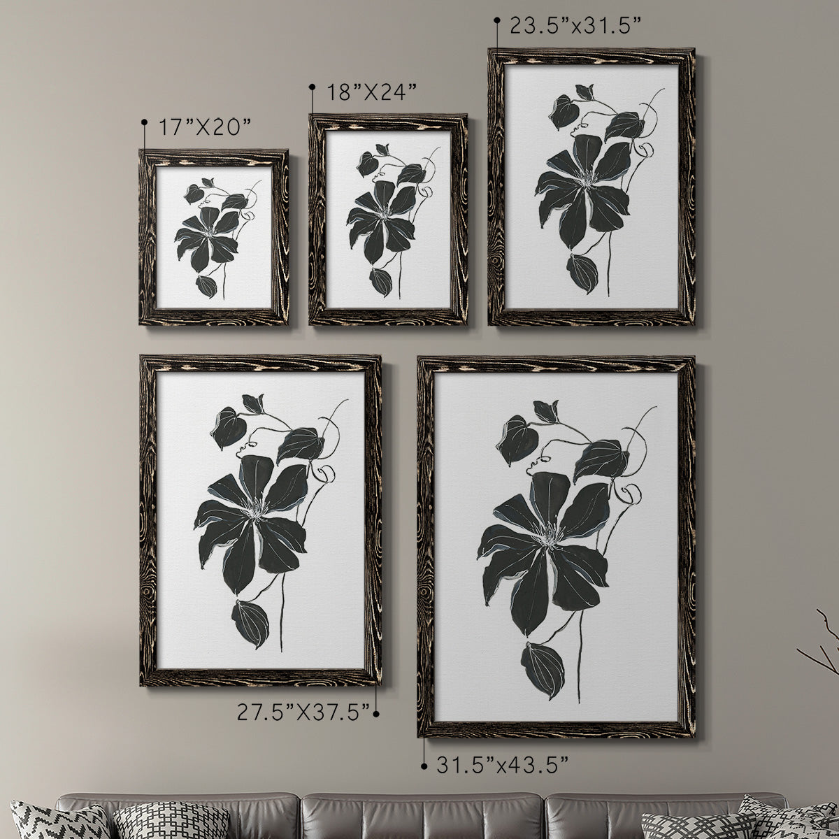 Size comparison chart for a set of two black barnwood framed canvas prints.