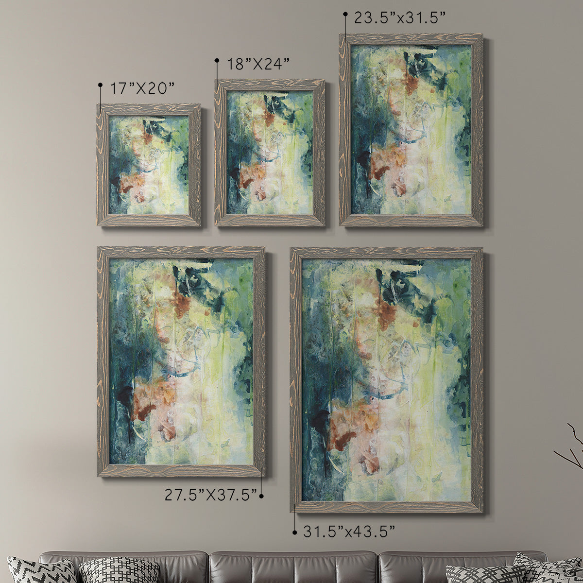 Size comparison chart for a set of two gray barnwood framed canvas prints.