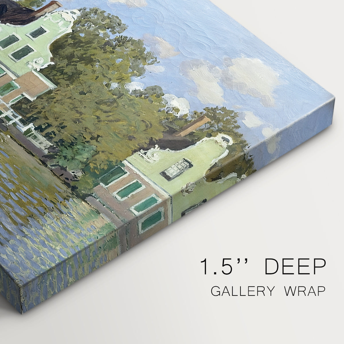 Canvas art print of a row of houses along river with reflections in calm water, highlighting texture and gallery-wrapped edges