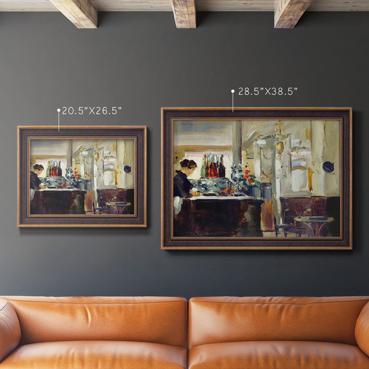 Impressionist café still life scene by Édouard Manet in an ornate bronzed mahogany wood frame shown in multiple size options.