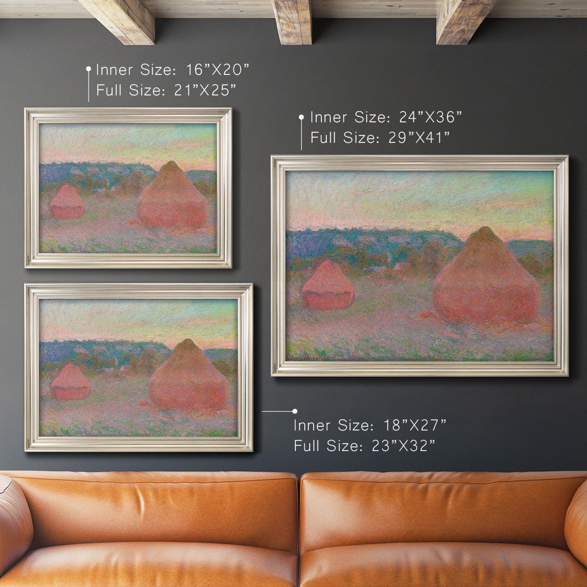 Impressionist haystack series landscape by Claude Monet in an ornate champagne frame shown in multiple size options.