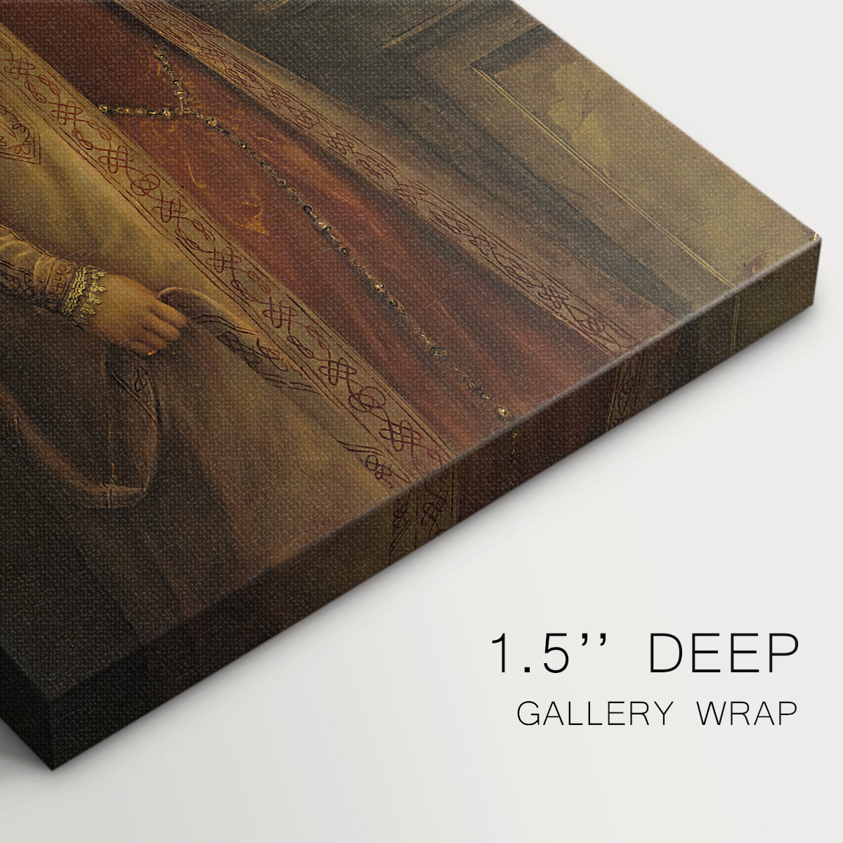 Close-up of a gallery-wrapped canvas corner showing a classic image with balanced light, highlighting texture and print detail.