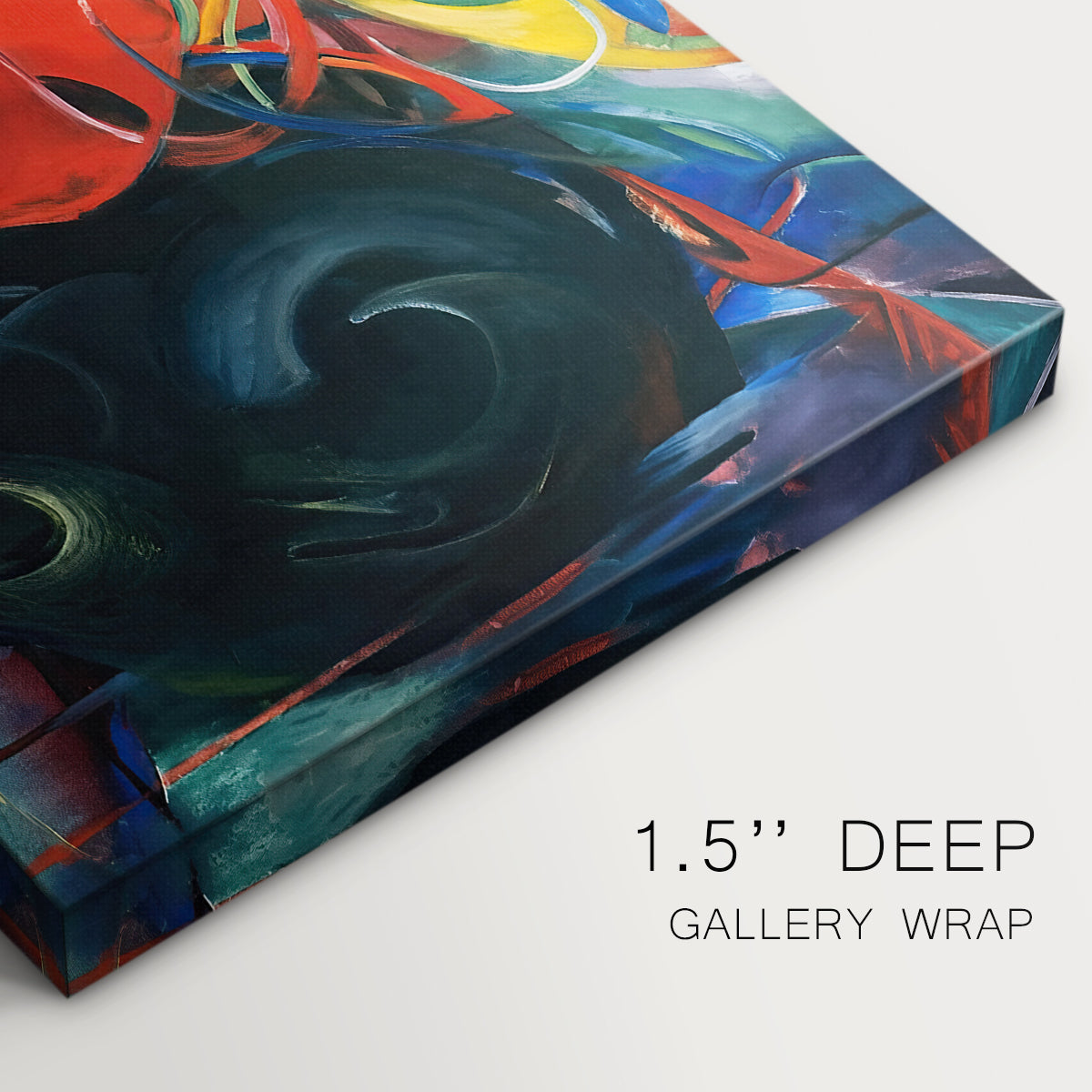 Canvas art print of a dynamic abstract shapes colliding in energetic composition, highlighting texture and gallery-wrapped edges