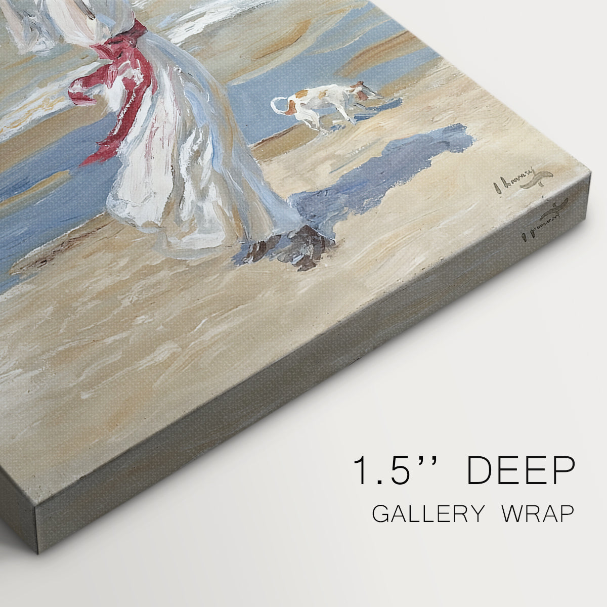 Close-up of a gallery-wrapped canvas corner showing a luminous scene with figure and ocean, highlighting texture and print detail.