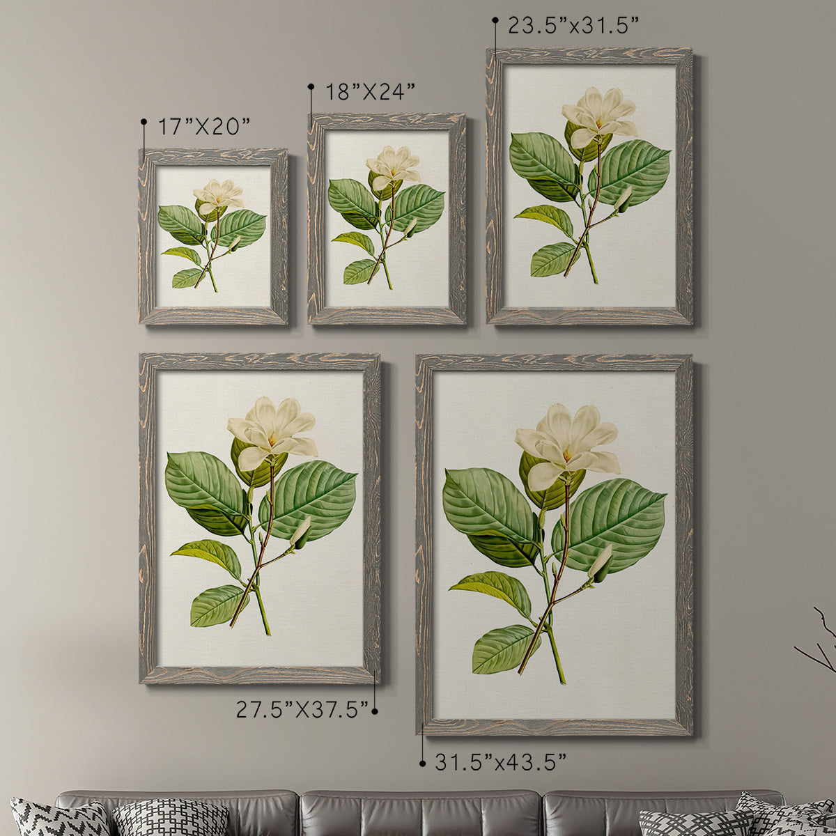 Size comparison chart for a set of two gray barnwood framed canvas prints.