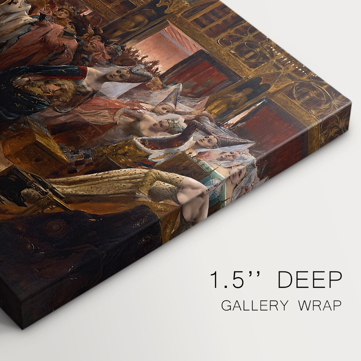 Canvas art print of a crowded interior scene with figures gathered around glowing central spectacle, highlighting texture and gallery-wrapped edges