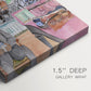 Close-up of a gallery-wrapped canvas corner showing a lively interior with layered pattern and figures, highlighting texture and print detail.
