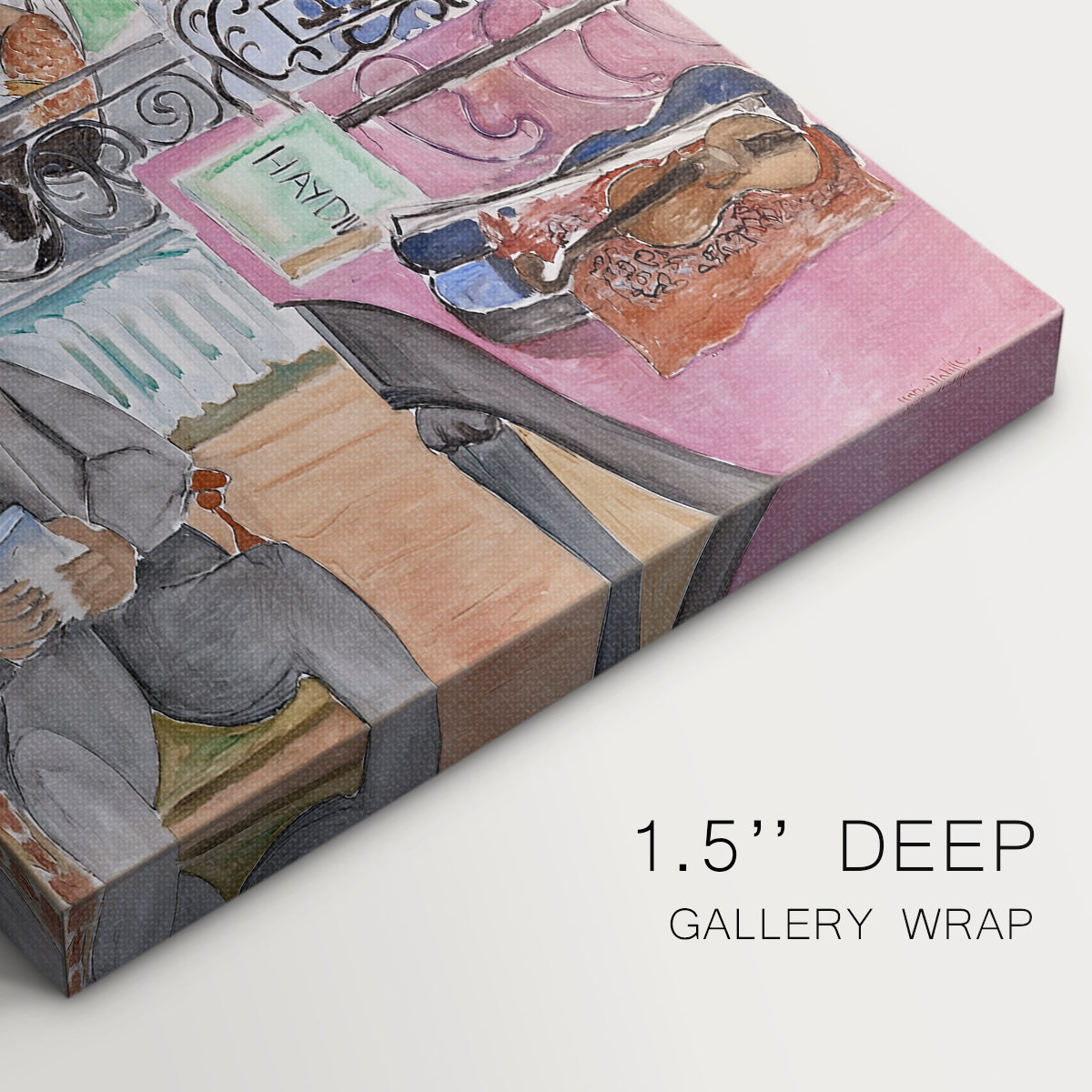 Close-up of a gallery-wrapped canvas corner showing a lively interior with layered pattern and figures, highlighting texture and print detail.