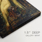 Close-up of a gallery-wrapped canvas corner showing a classical-inspired figure with gentle light and detail, highlighting texture and print detail.
