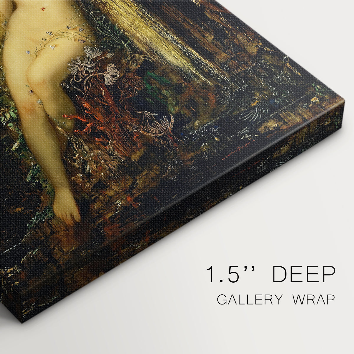 Close-up of a gallery-wrapped canvas corner showing a classical-inspired figure with gentle light and detail, highlighting texture and print detail.