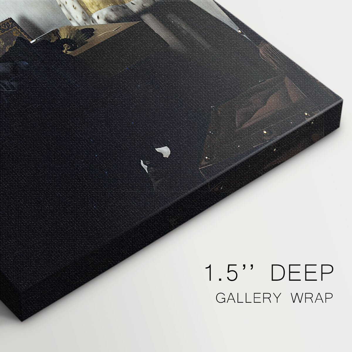 Close-up of a gallery-wrapped canvas corner showing a composed portrait with balanced lighting, highlighting texture and print detail.