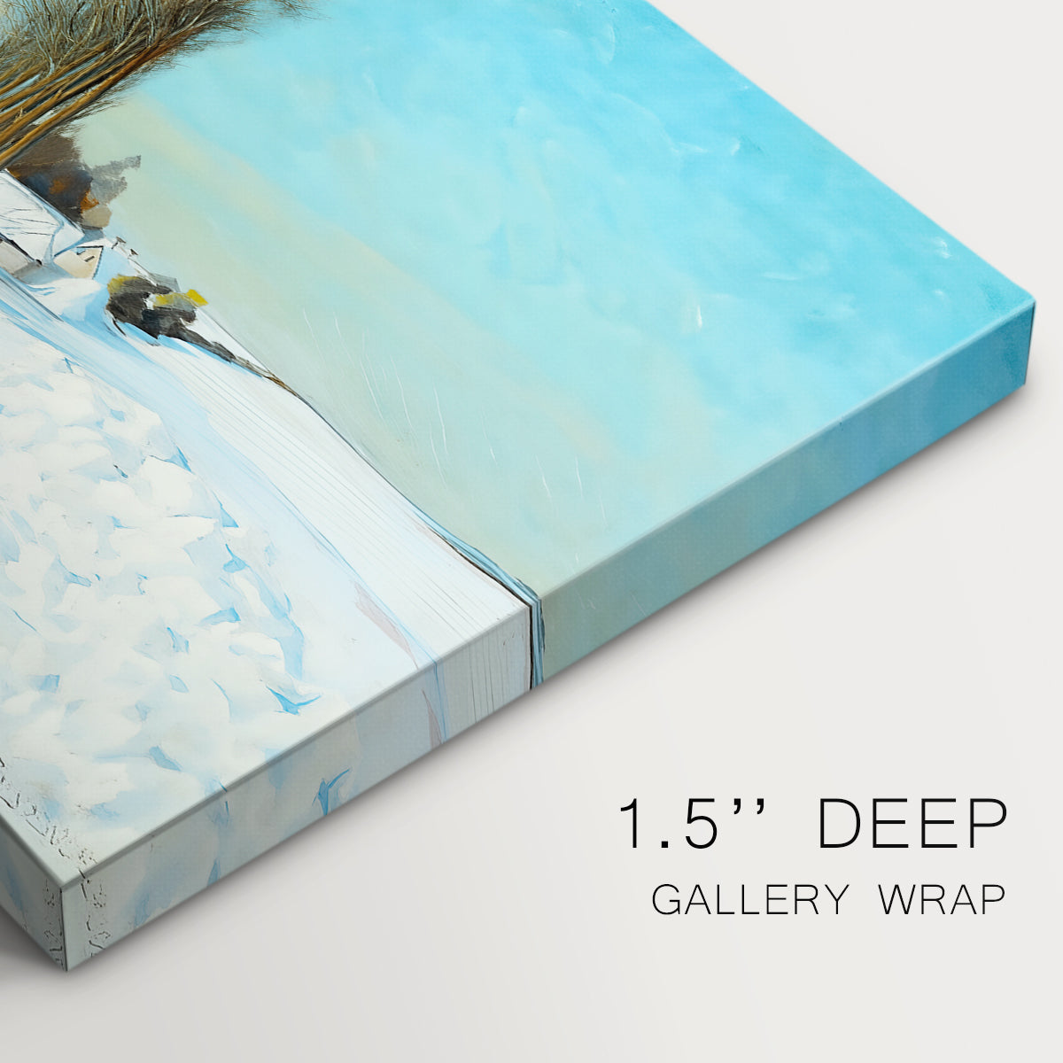 Canvas art print of a person shoveling snow outside house in bright winter landscape, highlighting texture and gallery-wrapped edges