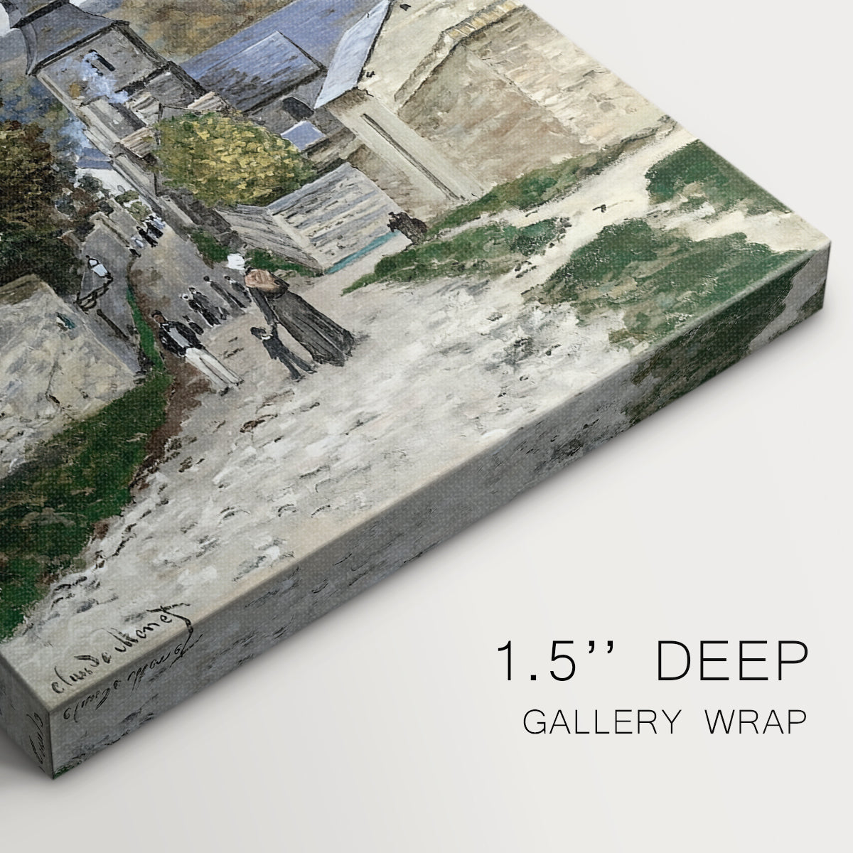 Close-up of a gallery-wrapped canvas corner showing a sunlit street with soft colors and relaxed atmosphere, highlighting texture and print detail.