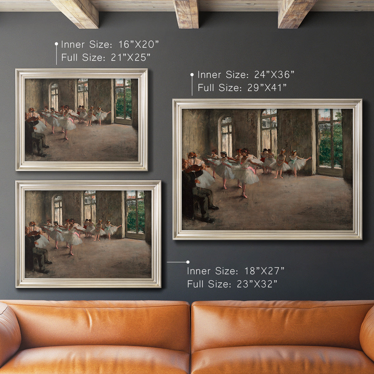 Early impressionist ballet rehearsal painting by Edgar Degas in an ornate champagne frame shown in multiple size options.