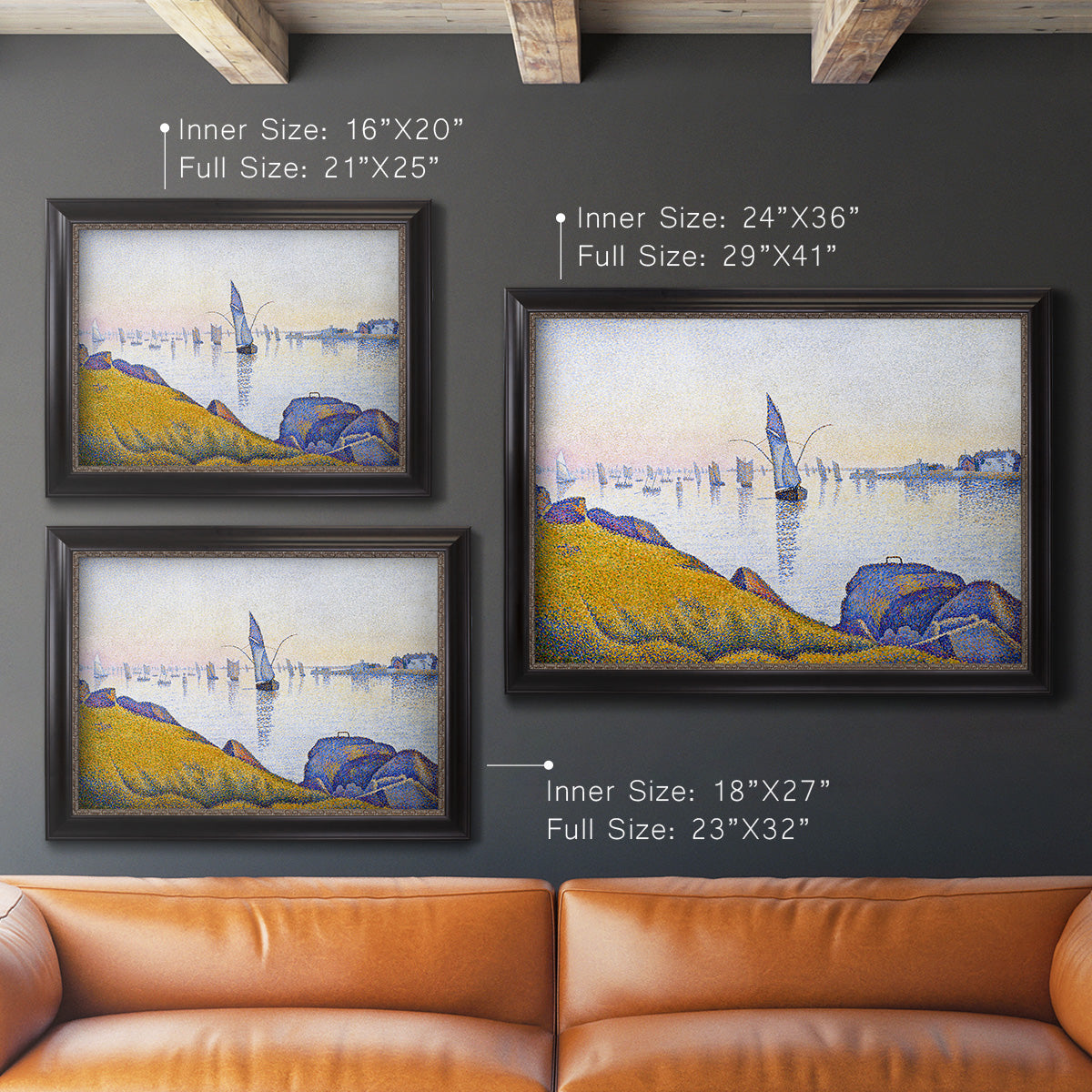 Impressionist coastal harbor at dusk by Paul Signac in an ornate black frame with gilded inner detail shown in multiple size options.