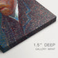 Close-up of a gallery-wrapped canvas corner showing a dynamic image with layered texture and depth, highlighting texture and print detail.