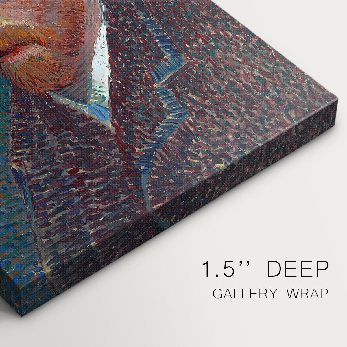 Close-up of a gallery-wrapped canvas corner showing a dynamic image with layered texture and depth, highlighting texture and print detail.