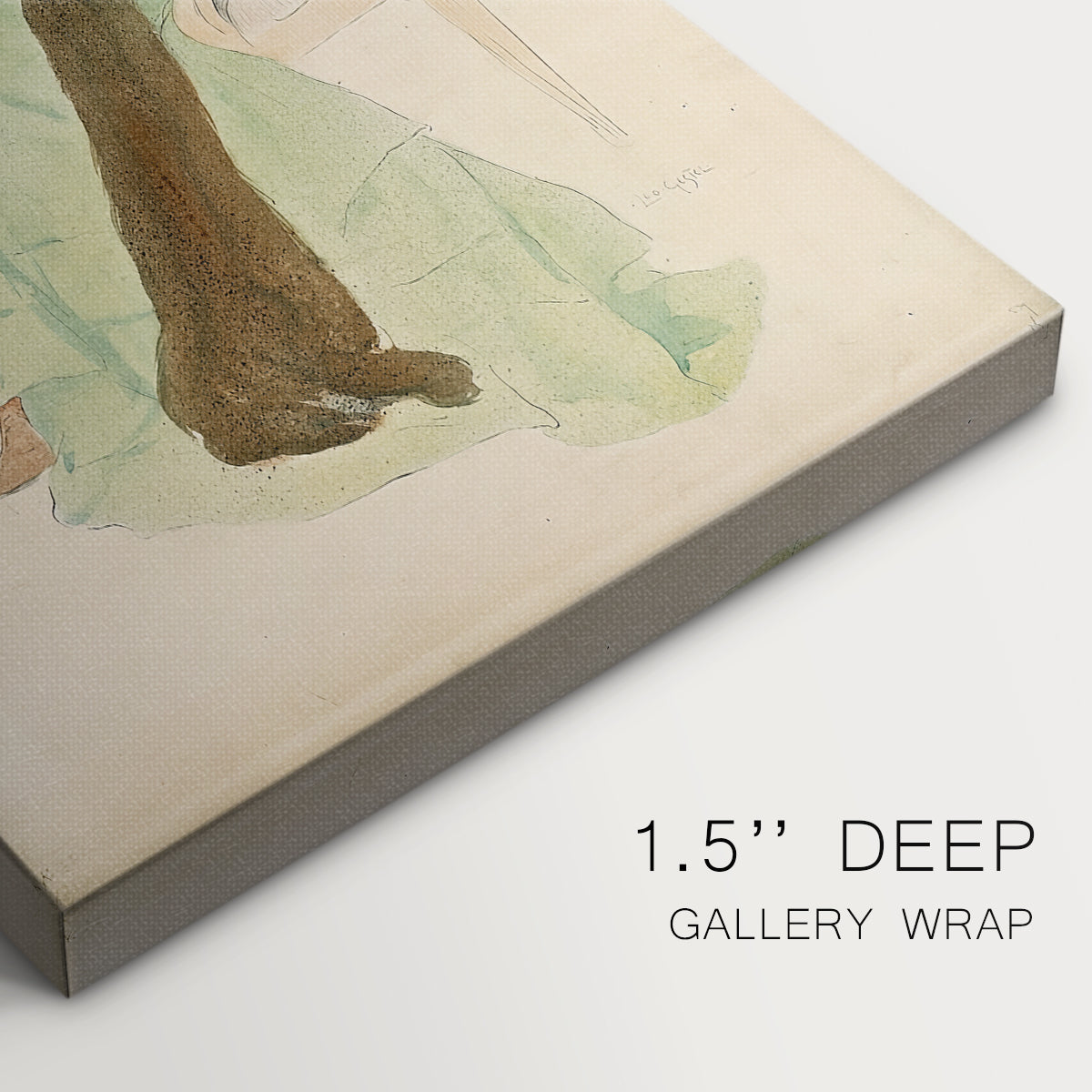 Close-up of a gallery-wrapped canvas corner showing a quiet scene with subtle color and simple form, highlighting texture and print detail.